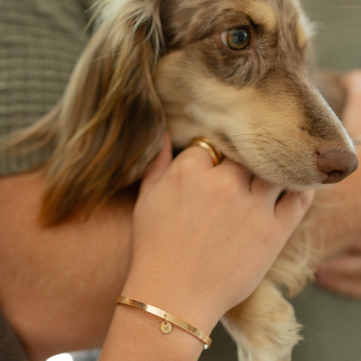 A close-up lifestyle shot of a person wearing a delicate gold bangle bracelet with a small hanging charm, while gently holding a long-haired dachshund dog.